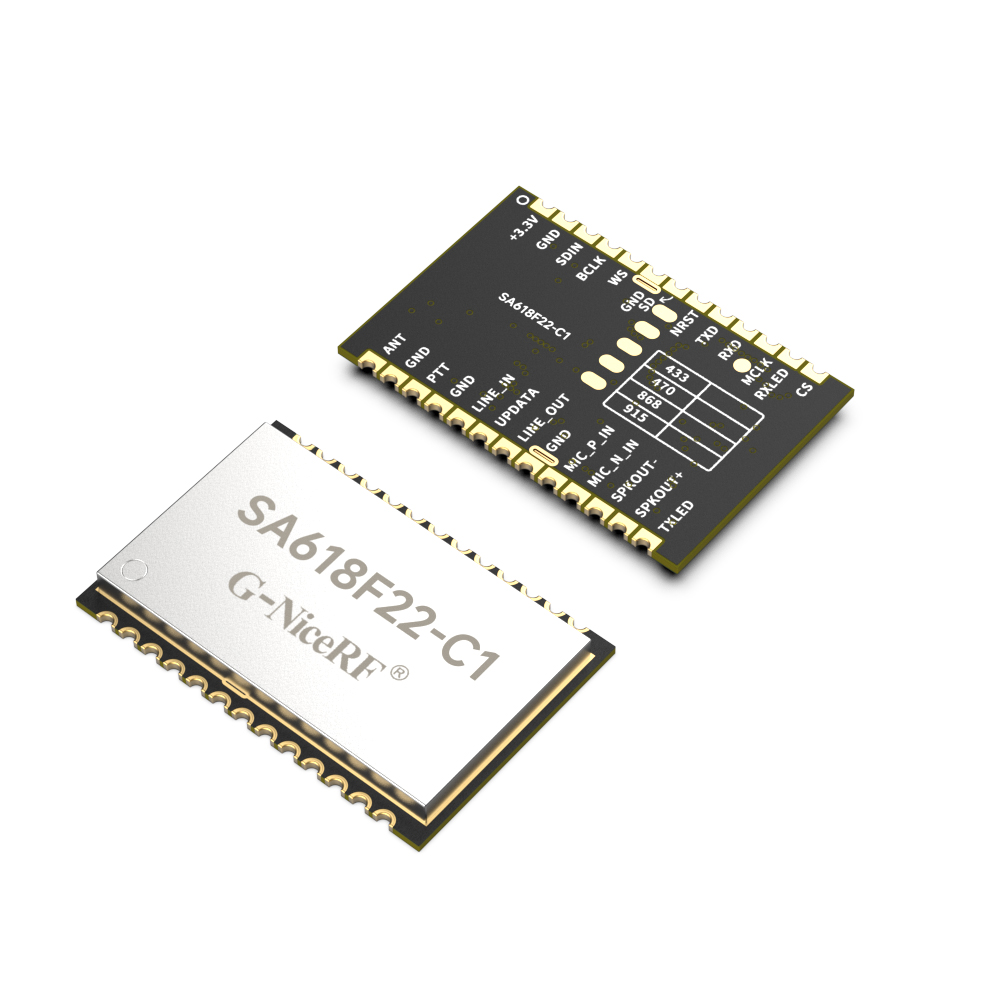 SA618F22-C1是我司一款升級(jí)版的無(wú)線(xiàn)數(shù)字和音頻二合一的全雙工傳輸模塊，具有更短的延時(shí)時(shí)間，同時(shí)支持8人同時(shí)高音質(zhì)通話(huà)。模塊支持多路并發(fā)并收功能，支持多級(jí)的中繼遠(yuǎn)傳、空中升級(jí)或者串口升級(jí)。模塊采用了寬帶擴(kuò)頻技術(shù)，具有功耗低、距離遠(yuǎn)、頻率調(diào)節(jié)靈活等特點(diǎn)。